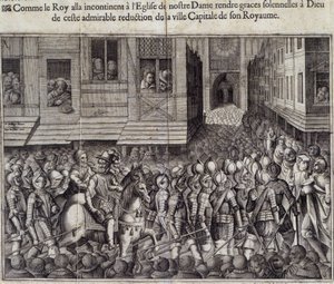 Einzug von Heinrich IV. (1553 - 1610) in Paris am 22. März 1594 und Gang zur Kathedrale Notre Dame zur Messe - Gravur von Jean Lecler, nach Bollery, Musée de Notre Dame de Paris von Jean Leclerc