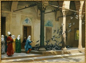 Haremfrauen füttern Tauben im Hof
