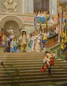 Empfang von Louis II. de Bourbon Conde, genannt der Große Conde, durch König Louis XIV. in Versailles im Jahr 1674 von Jean Leon Gerome