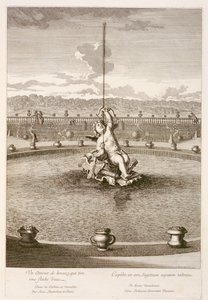 Brunnen mit Amor, der einen Wasserstrahlpfeil abschießt, entworfen von Louis Lerambert, in Versailles, 1677 von Jean Lepautre