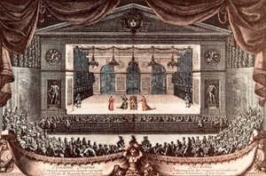 "Der eingebildete Kranke" von Jean Baptiste Poquelin genannt Molière in Versailles (farbige Gravur) von Jean Lepautre