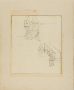 Hund im Hundehäuschen stehend und Studie eines Munitionswagens
