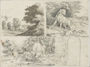 Skizzen eines bewaldeten Ortes, Hunde und Fasane in der Landschaft