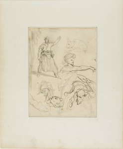 Studien eines Schmieds und eines Pferdekopfes mit Skizzen anderer Figuren und eines Kaninchens