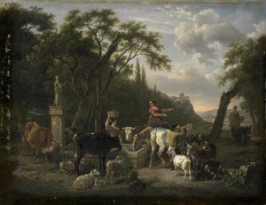 Italienische Landschaft mit Hirten und Tieren an einem Brunnen