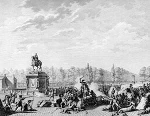 Französische Revolution: Place Louis XV, die Drachen von Charles Eugene de Lorraine, Prinz von Lambesc (1754-1825) griffen einen Umzug an, der die Büsten von Jacques Necker (1732-1804) und dem Herzog von Orleans am 12. Juli 1789 trug. Gravur von Berthaut n
