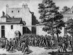 Französische Revolution: Die französischen Wachen retten Monsieur du Châtelet, ihren Oberst, vor der Volksaufregung am 12. Juli von Jean Louis II (after) Prieur