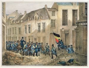 Die Rue de Louvain, Brüssel, 23. September 1830, graviert von A.M. Jobard