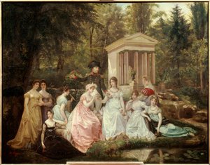 Die Rose von Malmaison: Kaiserin Josephine de Beauharnais und Kaiser Napoleon Bonaparte und seine Ehrendamen. Gemälde von Victor Vigger du Vigneau (1819-1879)