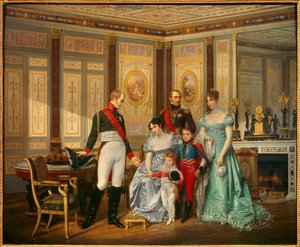 Die Kaiserin Josephine de Beauharnais (1763-1814) empfängt den Zaren Alexander I. (1777-1825), dem sie im Mai 1814 ihre Kinder empfiehlt. Die Kaiserin ist umgeben von Eugene Rose de Beauharnais, genannt Prinz Eugene (1781-1824), Hortense de Beauharnais (17