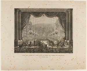 Fest der Leibwächter, Flandern-Regimenter, Montmorency-Dragoner und Nationalgarden von Versailles. Sie treten auf die Nationalkokarde und zeigen die schwarze Kokarde, ein Zeichen der "Aristokratischen Konföderation"