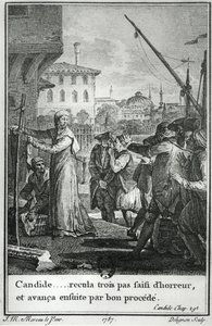 Candide... trat drei Schritte zurück, ergriffen von Schrecken, und trat dann wieder vor, Illustration aus Kapitel 29 von Candide von François Voltaire (1694-1778), graviert von Jean Louis Delignon (1755-1804) 1787