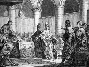 Einführung des kirchlichen Zehnten durch Pippin den Kurzen und Carloman (743). Gravur nach Moreau dem Jüngeren, 18. Jahrhundert. Private Sammlung.