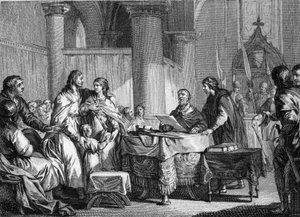 Abdankung von Karlmann (ca. 715-754), Bürgermeister des Palastes von Austrasien, zugunsten seines Bruders, Pippin III., genannt Pippin der Kurze (714-768), 747. Gravur von Jean Michel Moreau, genannt Moreau le Jeune (1741-1814)