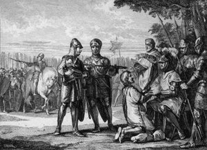 Schlacht von Tertry, 687: Sieger der Armee von Neustrien, Pippin der Jüngere oder Herstal (circa 653-714), Prinz von Austrasien, erkennt die Autorität des Königs von Neustrien, Thierry III. (657-691), an. Gravur von Jean Michel Moreau, genannt Moreau le Je