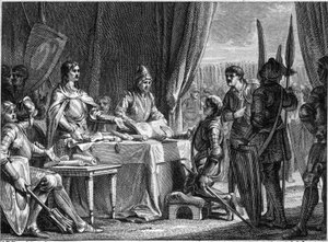 Karl Martell (688-741), König der Franken, verteilt die Güter der Kirche an seine Soldaten, 718. Gravur von Jean Michel Moreau, genannt Moreau le Jeune (1741-1814) von Jean Michel the Younger Moreau