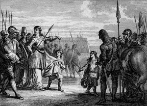 Karl Martell ins Gefängnis geschickt, 714: Plectrude (ca. 650-717), Witwe von Pippin von Herstal, schickte den jungen Karl Martell (688-741) ins Gefängnis, um ihn von der Macht zu entfernen. Gravur von Jean Michel Moreau, genannt Moreau le Jeune (1741-1814