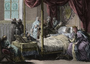Tod von Dagobert I., König der Franken, in Anwesenheit seiner Frau, Königin Nantilde, und seines Sohnes, des zukünftigen Clovis II. Gravur von Jean Michel Moreau, genannt Moreau le Jeune von Jean Michel the Younger Moreau