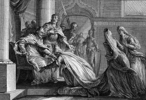 Emma von Frankreich (894-934), Schwester von Hugo dem Großen, verneigt sich zu ihren Füßen. Verheiratet mit Raoul von Burgund, entschied sie sich auf Wunsch ihres Bruders, die Krone Frankreichs ihrem Ehemann zu geben