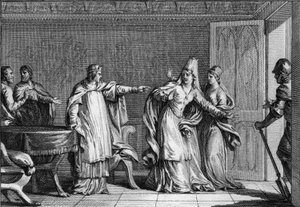 Ludwig V. der Faule (966-987), König der Franken, vertreibt seine Mutter, Königin Emma von Italien (945-988), die beschuldigt wird, ihren Ehemann, König Lothar (941-986), vergiftet zu haben, 987. Gravur von Jean Michel Moreau, genannt Moreau le Jeune (1741 von Jean Michel the Younger Moreau