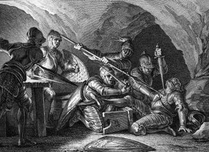 Vereinigung des Herzogtums Aquitanien mit der Krone: Ermordung von Waifre (oder Gaifier), Herzog von Aquitanien (767 oder 768). Gravur von Romanet nach Moreau le jeune (1779). von Jean Michel the Younger Moreau