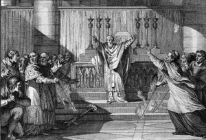 Szene der Exkommunikation unter den Kapetingern: Wir legen das Kreuz auf die Stufen des Altars, wir drehen die brennenden Kerzen um, während die Geistlichen die Exkommunizierten verfluchen. 10. Jahrhundert. Gravur von Jean Michel Moreau, genannt Moreau le 