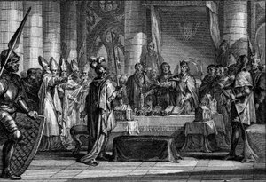 Nachfolge von Ludwig I. dem Frommen oder dem Gutmütigen, 816: der Kaiser des Westens (778-840) vor den drei Kronen, die die Teilung seines Reiches in drei Königreiche symbolisieren, von denen jedes einem seiner Söhne (Lothar, Pippin, Ludwig) zufällt. Gravu von Jean Michel the Younger Moreau