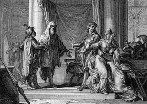 Die Prinzessin von Aquitanien, Lampagie, wurde von ihrem Vater (Eudes) gezwungen, den maurischen Hauptmann Munuza (Uthman ibn Naissa) zu heiraten, um Frieden mit den Sarazenen zu sichern, 730. (Gravur von Jean Michel Moreau, genannt Moreau le Jeune)