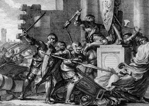 Krieg gegen die Sachsen, 772: Zerstörung des Tempels und Götzenbildes von Irmensul, der heidnischen Gottheit der Sachsen, durch die Armee Karls des Großen. Ehresburg, Deutschland. Gravur von Jean Michel Moreau, genannt Moreau le Jeune (1741-1814)