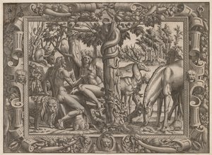 Die Versuchung Evas, um 1545-1547 von Jean Mignon