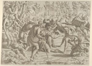 Der verräterische Sinon wird von den Hirten ins Lager des Trajan gebracht, 1535-1555 von Jean Mignon