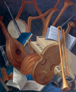 Musikinstrumente, Detail aus Allegorie der Musik, Tafelbild von Jean Mosnier (1600-1656). Schloss Beauregard, Loir-et-Cher, Frankreich.