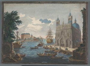 Ansicht einer gotischen Kathedrale am Wasser