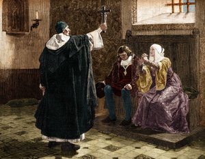 Der große spanische Inquisitor, Fray Tomás de Torquemada (1420-1498), unter den katholischen Königen Ferdinand II. und Isabella I. von Kastilien.