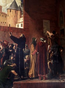 Befreiung der Gefangenen von Carcassonne. Im August 1303 kommen die Menschen von Carcassonne und Albi, um die vielen Gefangenen aus den Kerkern der Inquisition zu befreien - Bernard Delicieux versucht, die Menge zu beruhigen, die seine Reden amüsierten - D
