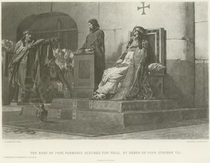 Der Leichnam von Papst Formosus wird auf Befehl von Papst Stephan VII. exhumiert und vor Gericht gestellt