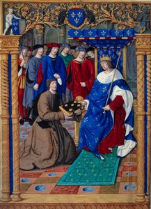 Francesco Petrarca oder Petrarch überreicht sein Buch dem König von Frankreich Ludwig XII. Miniatur in „Remedies against both fortune. De remediis utriusque fortunae“ von Petrarque (1304-1374) und illuminiert von Jean Pichore um 1503. Paris, NL von Jean Pichore
