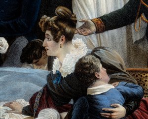 Der Tod Napoleons, 5.05.1821 auf St. Helena (Detail) Darstellung von Fanny Bertrand, Ehefrau von Henri Gatien Bertrand (1773-1844). Lithographie von Jean Pierre Marie Jazet (1788-1871) nach dem Gemälde von Charles Auguste Steuben (1788-1856) Malmaison. Châ