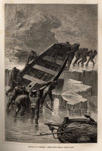 Nach der Zerstörung ihres provisorischen Lagers trug die Besatzung der La Hansa die Boote und das von ihrem Schiff geborgene Material von einem Eisberg zum anderen, um die Expedition fortzusetzen und Hilfe von einem Eskimolager zu finden, graviert nach der von Jean Pierre Moynet