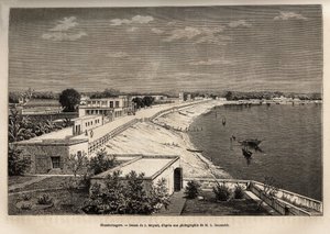 Chandernagor (heutiges Chandannagar, in Westbengalen), am Ufer des Ganges, Gravur nach der Zeichnung von J. Moynet, zur Illustration der Reise in Indien der Rajahs, 1864-1868, von Louis Rousselet, veröffentlicht in „Le tour du monde“ 1874, herausgegeben