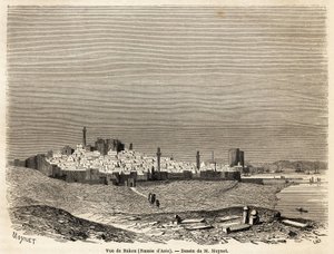 Ansicht von Baku (Russland, Aserbaidschan), Zeichnung von Mr. Moynet, zur Illustration der Reise an die Küste des Kaspischen Meeres im Oktober 1858 von Mr. Moynet. Gravur in „Le tour du monde, nouveau journal des voyages“ Paris von Jean Pierre Moynet