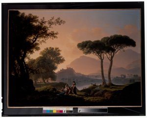 Morgen und Abend: Eine klassische Landschaft mit Hirten und Nymphen an einem See, ein Schloss auf einem Hügel im Hintergrund