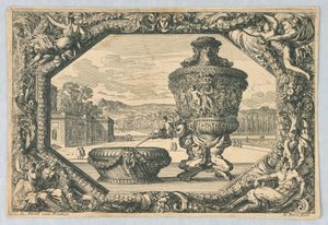 Eine Urne und Schale im Wappenschild, aus "Fontaines, Cuvettes et Cartouches" von Jean le Pautre