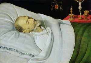 Antoine de Henin, Bischof von Ypern, auf seinem Sterbebett von Jean the Younger Bellegambe