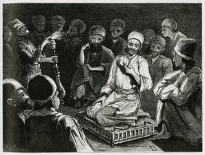 Persischer Geschichtenerzähler umgeben von seinem Publikum. Gravur des Reisenden Autors zur Illustration der Geschichte „Persien, Chaldäa und Susiane“ von Jeanne Dieulafoy