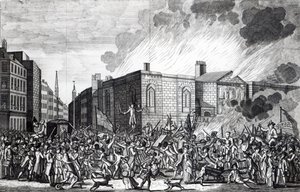 Eine genaue Darstellung der Verbrennung, Plünderung und Zerstörung von Newgate durch die Aufständischen am denkwürdigen 7. Juni 1780, graviert von Henry Roberts, 1781