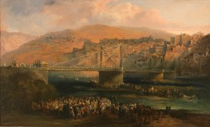 Ansicht der Stadt Fraga und ihrer Hängebrücke