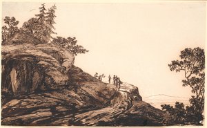 Berglandschaft mit Leuten und Eseln auf einem Weg