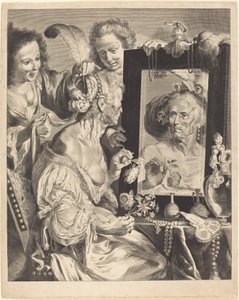 Eine alte Frau am Toilettentisch von Jeremias Falck after Johann Liss after Bernardo Strozzi
