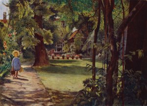 Kelmscott House, Der Garten, Blick vom Fluss (Farblithografie) von Jessie MacGregor